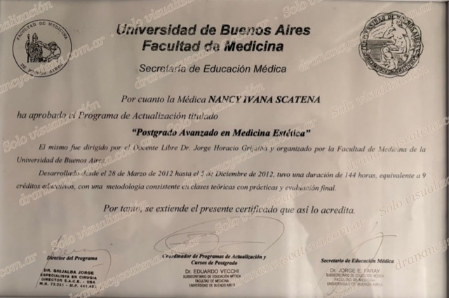 Certificado: Postgrado Avanzado en Medicina Estética — UBA, 2012